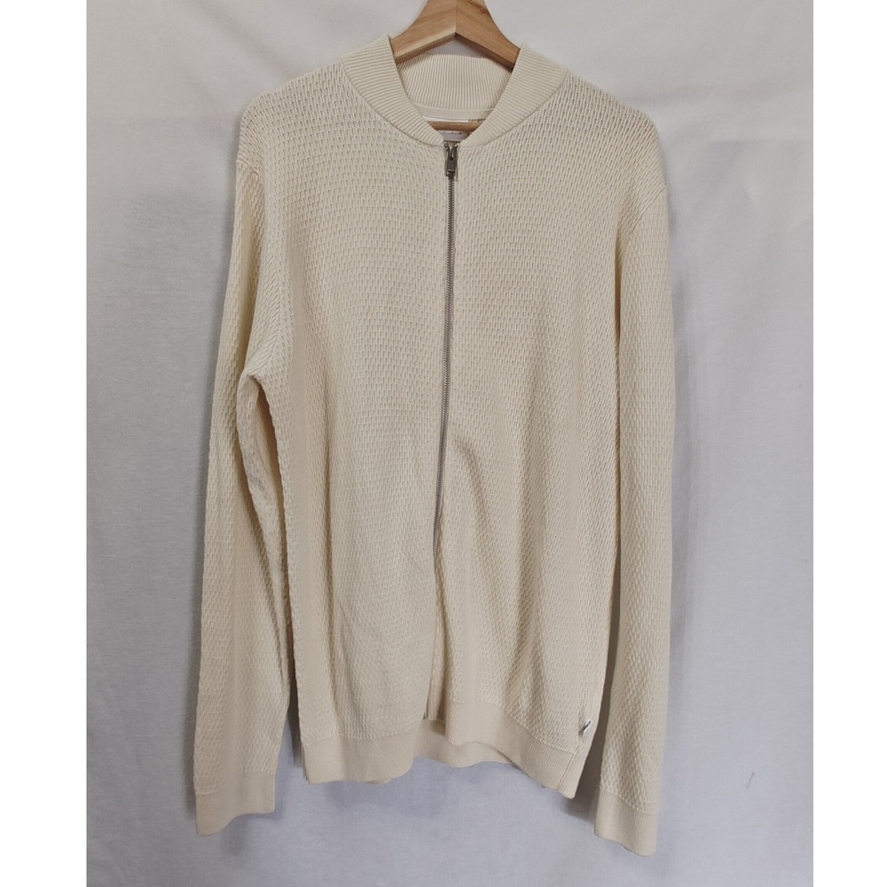 Lindbergh White Textured Knit Full Zip Baseball Bomber Sweater Cardigan Cream  L